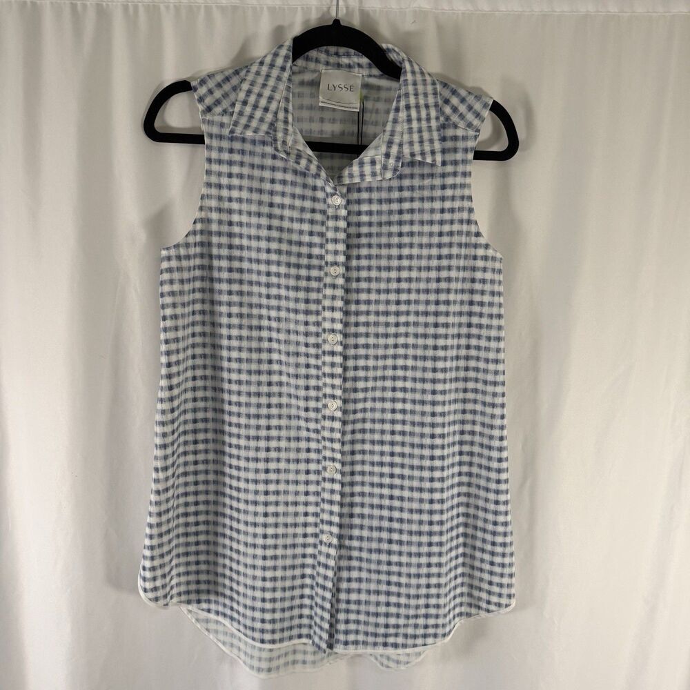 New Lysse June Top Women's XS Blue White Gingham Button Down Collared Sleeveless